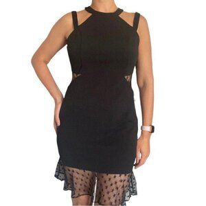BEBE Black Mesh Panel Bodycon Dress Size 8 Cut-Out Sheer Star Detail Night Out